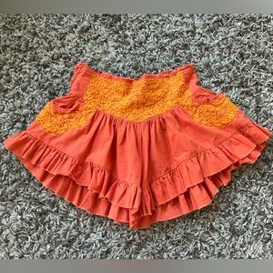 Free People Orange Ruffled Embroidered Skort